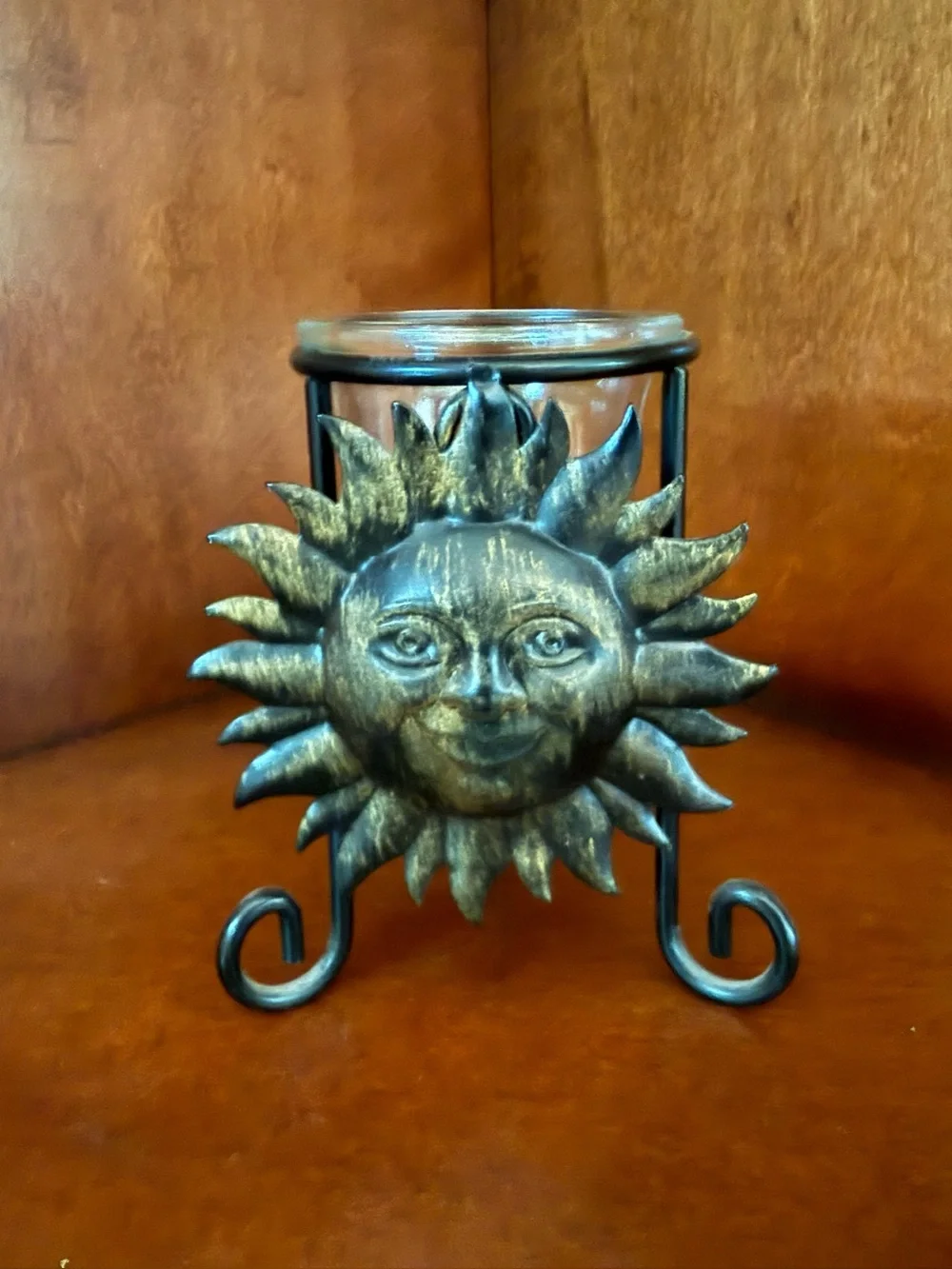 Sun Face Metal Candle Holder in Antique Gold
